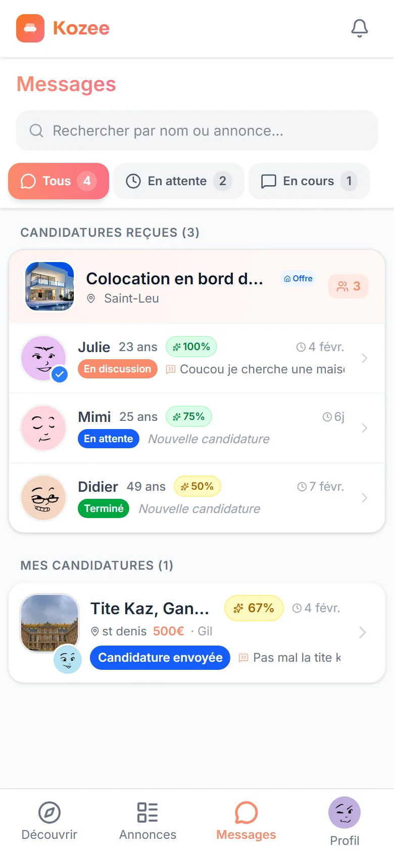 Écran messagerie Kozee